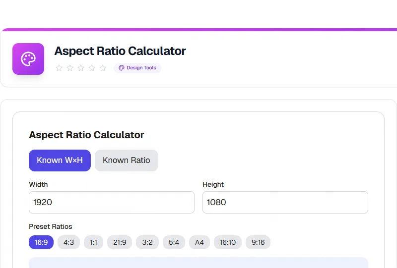 Screenshot of Aspect Ratio Calculator tool - Taskly.tools
