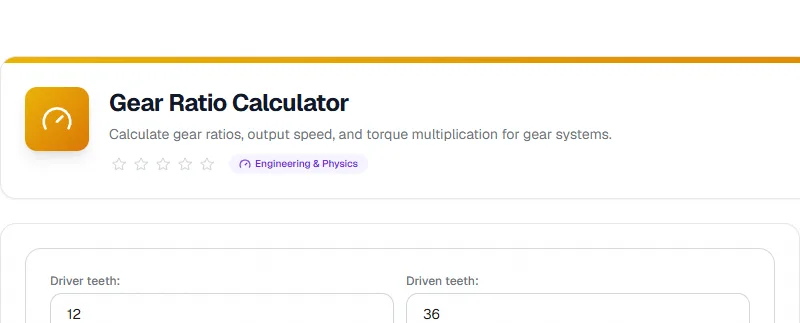 Screenshot of Gear Ratio Calculator tool - Taskly.tools