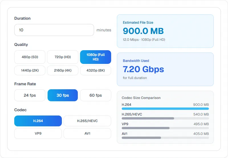 Screenshot of Video Bitrate Calculator tool - Taskly.tools